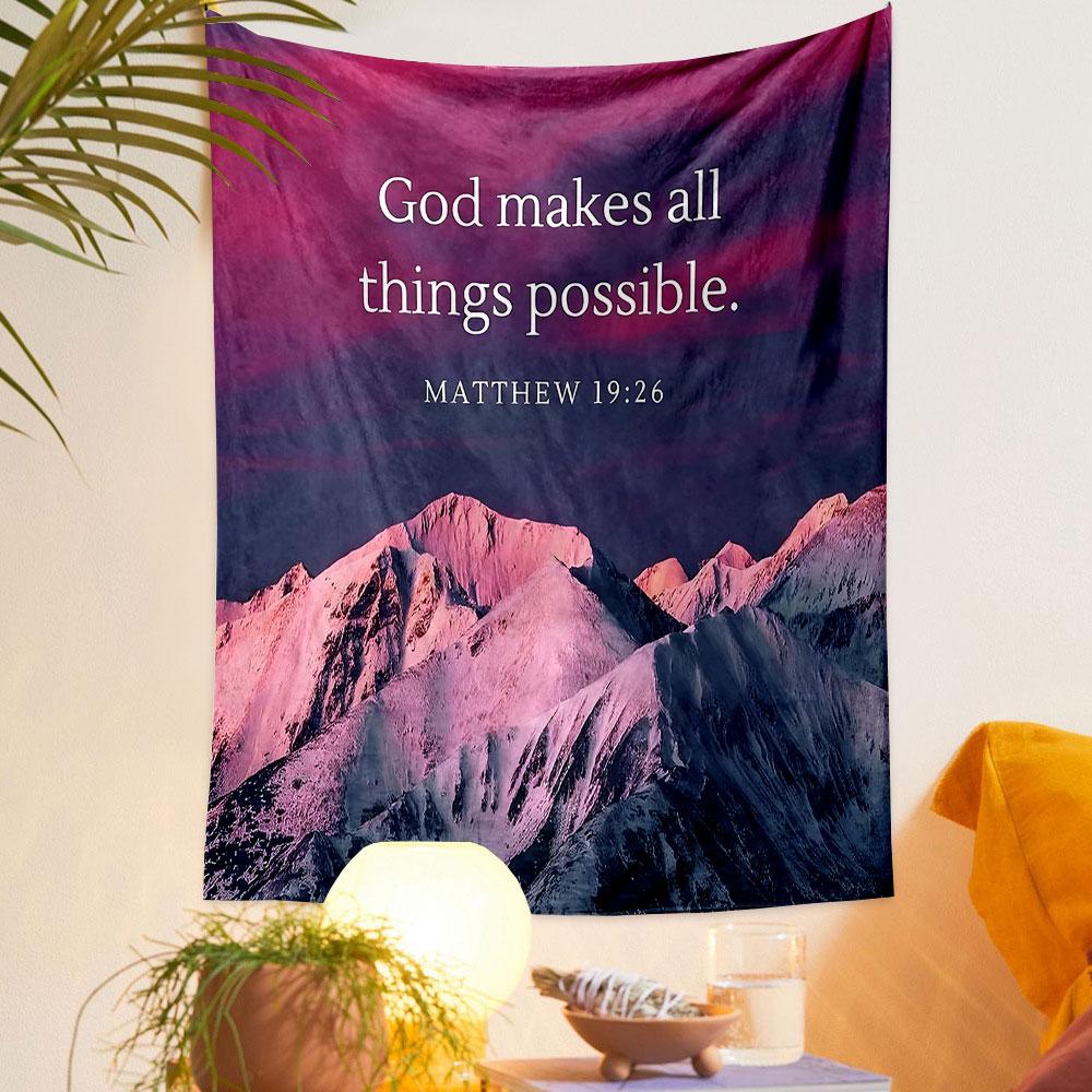 "God Makes All Things Possible - Matthew 19:26" Patterned tapestry home decor, suitable for bedroom and living room, gift