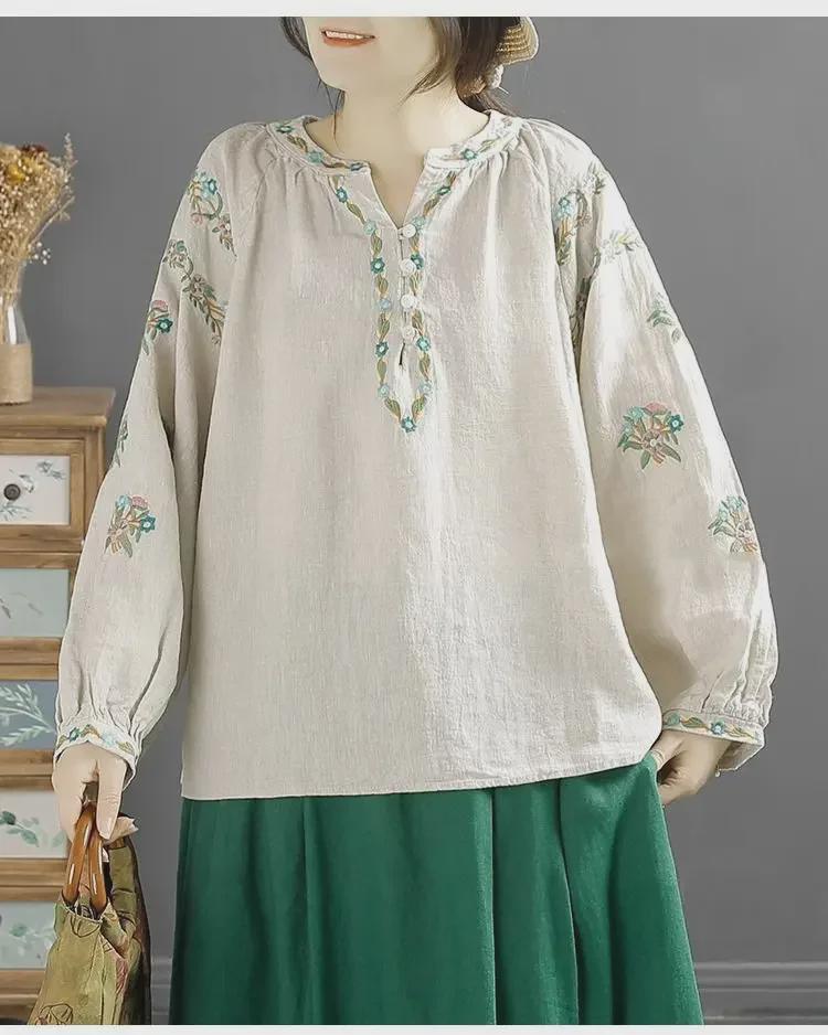 New Summer Ethnic Embroidered Long-Sleeve Cotton-Linen Shirt
