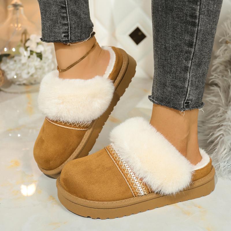 Modische Bunte Geometrische Stickerei Kunstfell Hausschuhe Damen 2025 Winter Komfort Weiche Sohle Slip On Schneestiefel Warm Kurze Plüsch Pantoletten
