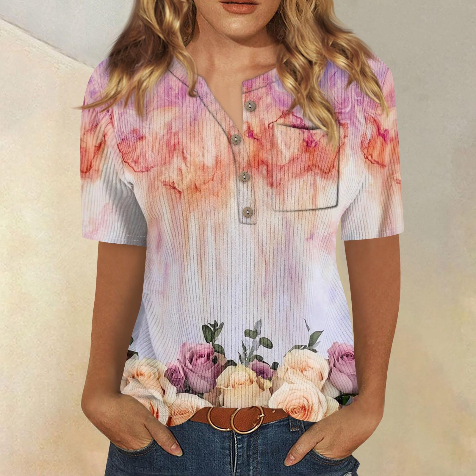 

Футболки для женщин, плиссированные, с V-образным вырезом, нарядные, повседневные блузки с принтом, короткие рукава, летние топы, свободный крой M