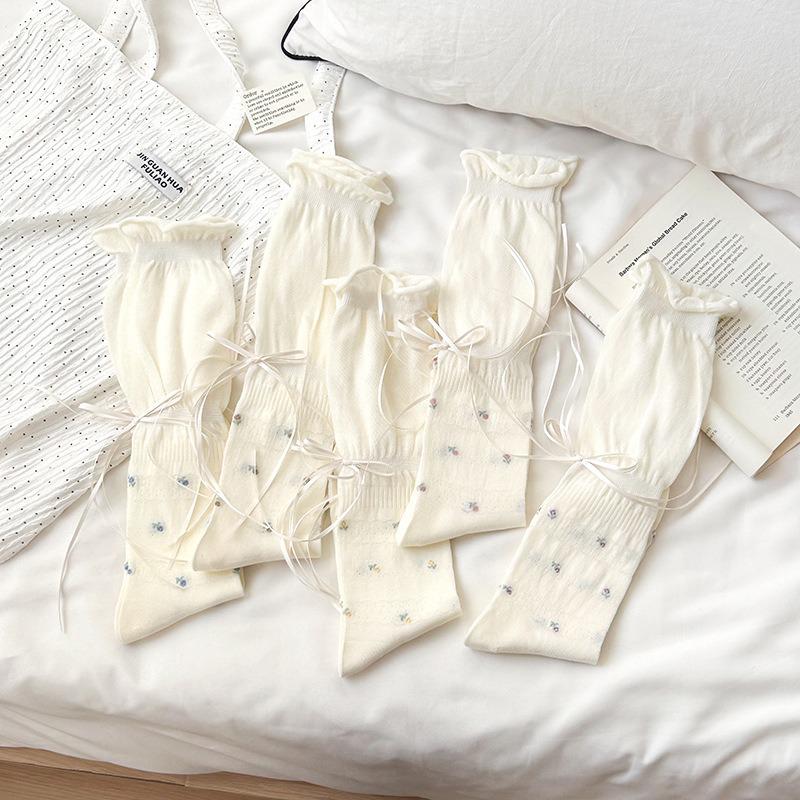 Women's Ballet-Style Ruffled Mesh Socks - Breathable, Anti-Pilling Cotton, Korean Style, Lace-Up Design