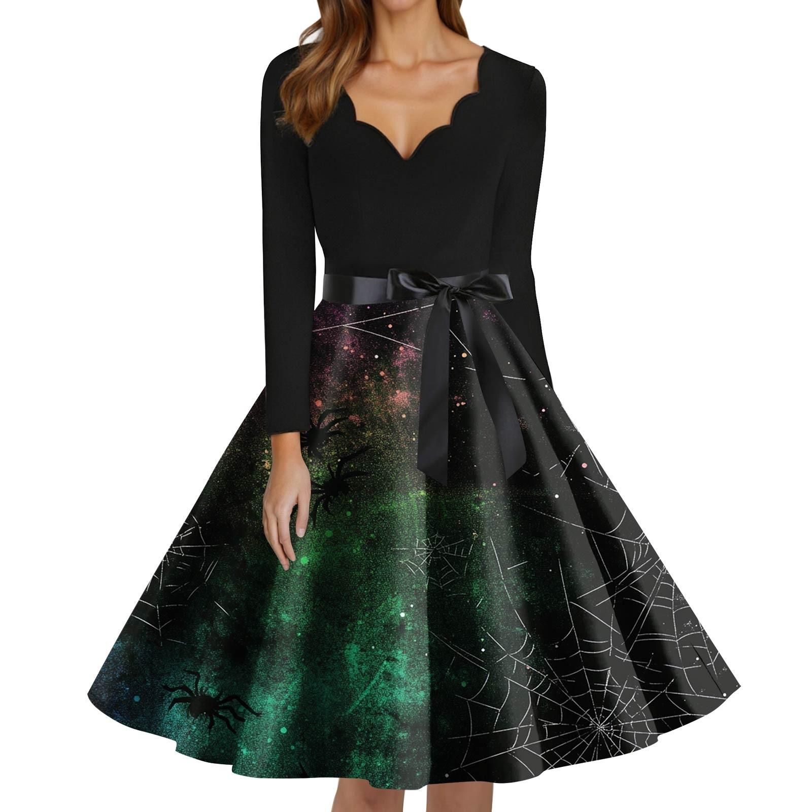 

Women s Fashion V-Neck Casual Slim Fit Halloween Printed Long Sleeve Dress L чорний