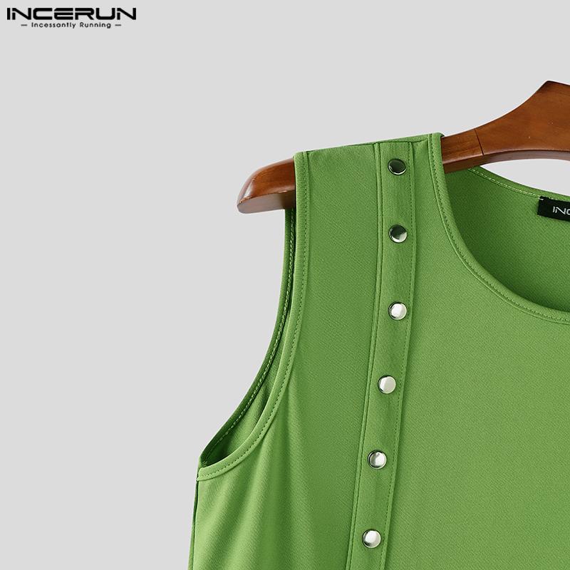 INCERUN Men O Neck Sleeveless Metal Button Patchwork Cropped Tank Tops