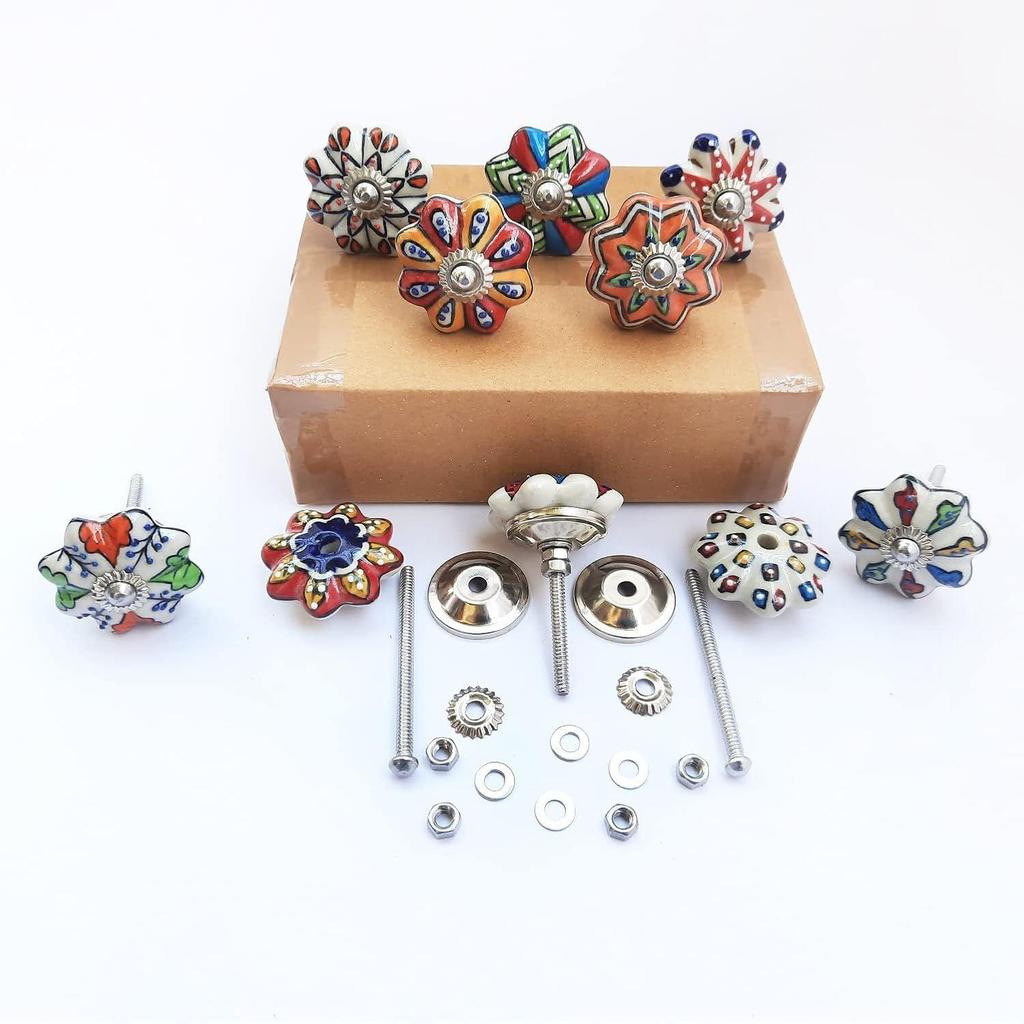 Vintage Hand Painted Ceramic Pull Knobs for Kitchen Cabinet, Door & Drawer, Wardrobe, Cupboard (Set of 10)