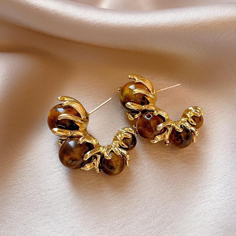 Geometric Tiger's Eye Stud Earrings, Retro Millard Style - Unique Design with Silver Needle 