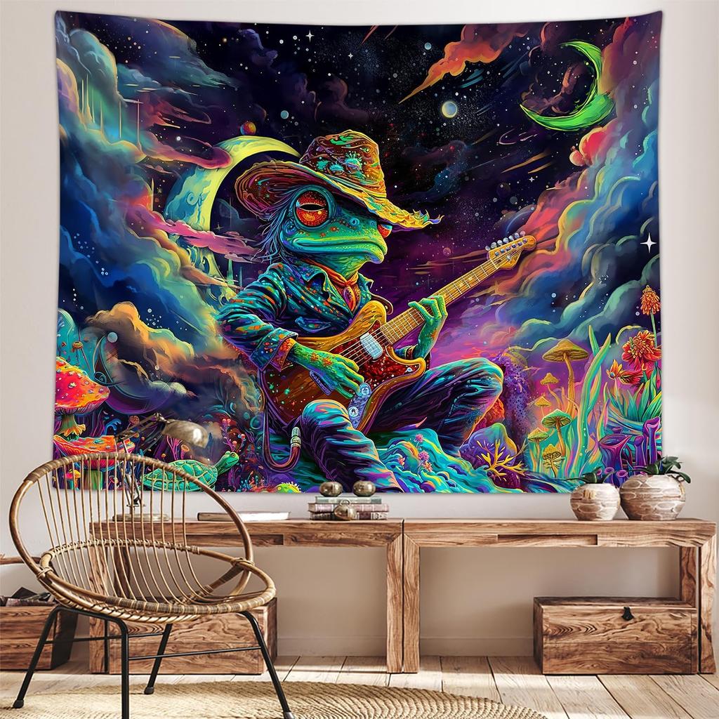Funny Space Frog Mushroom Tapestry for Men Guys Bedroom Cool Trippy Universe Planet Ocean Art Tapestries Wall Hanging College