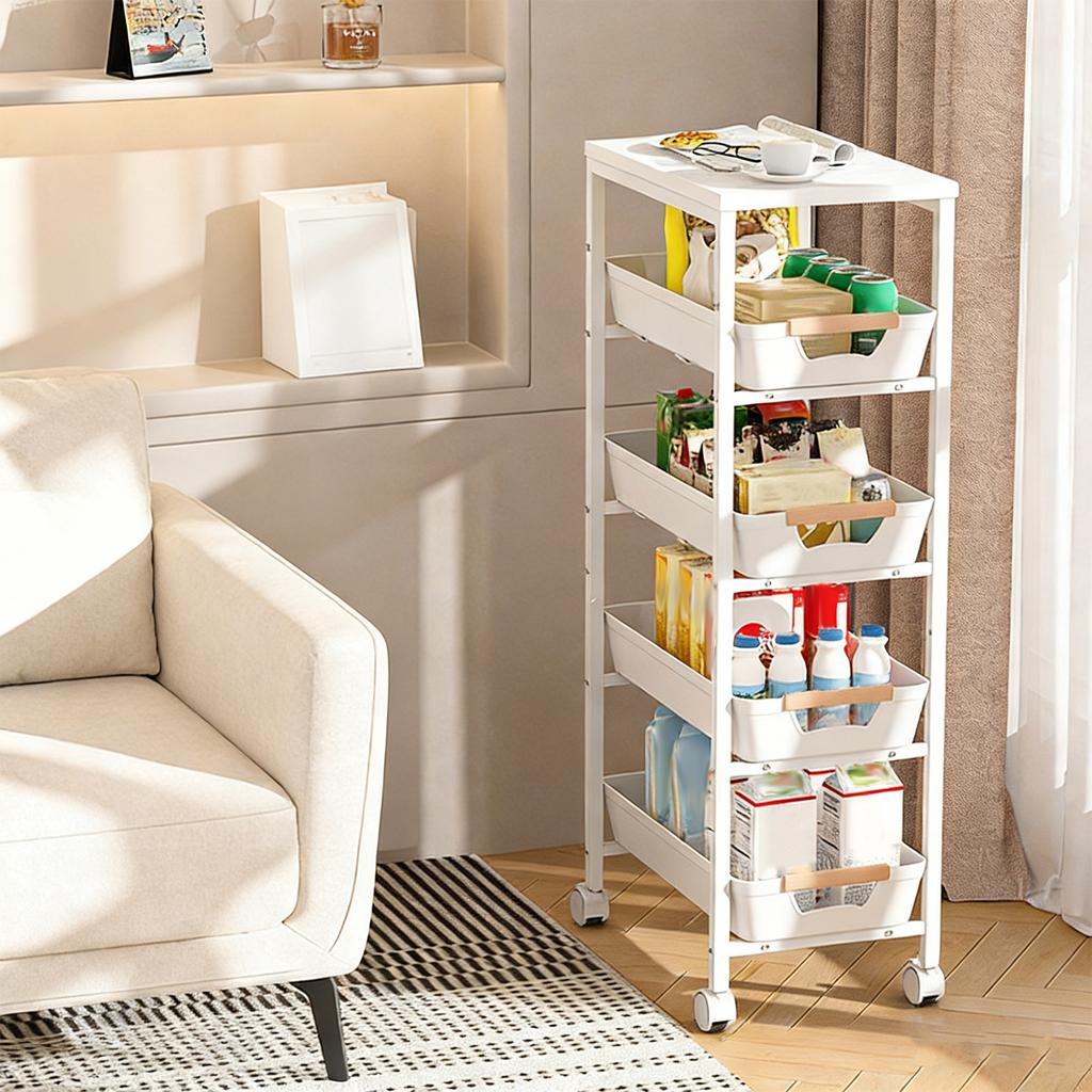 4-Tier Slim Storage Cart with Baskets and Wheels Slide Out Storage Shelves for Home Office Kitchen Bathroom Laundry