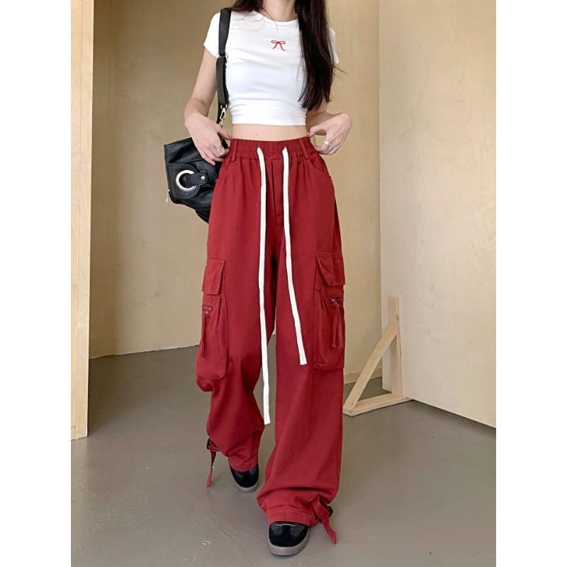 

Ретро-красные многокарманные рабочие брюки с широкими штанинами для женщин на весну и осень High Street Design Sense прямые повседневные брюки 4XL красный