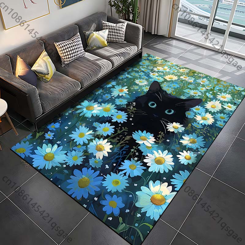Multiple sizes Black cat amid blue daisies Print Carpet for Living Room Bedroom Sofa Home Decor Non-slip Mat Luxury Gift