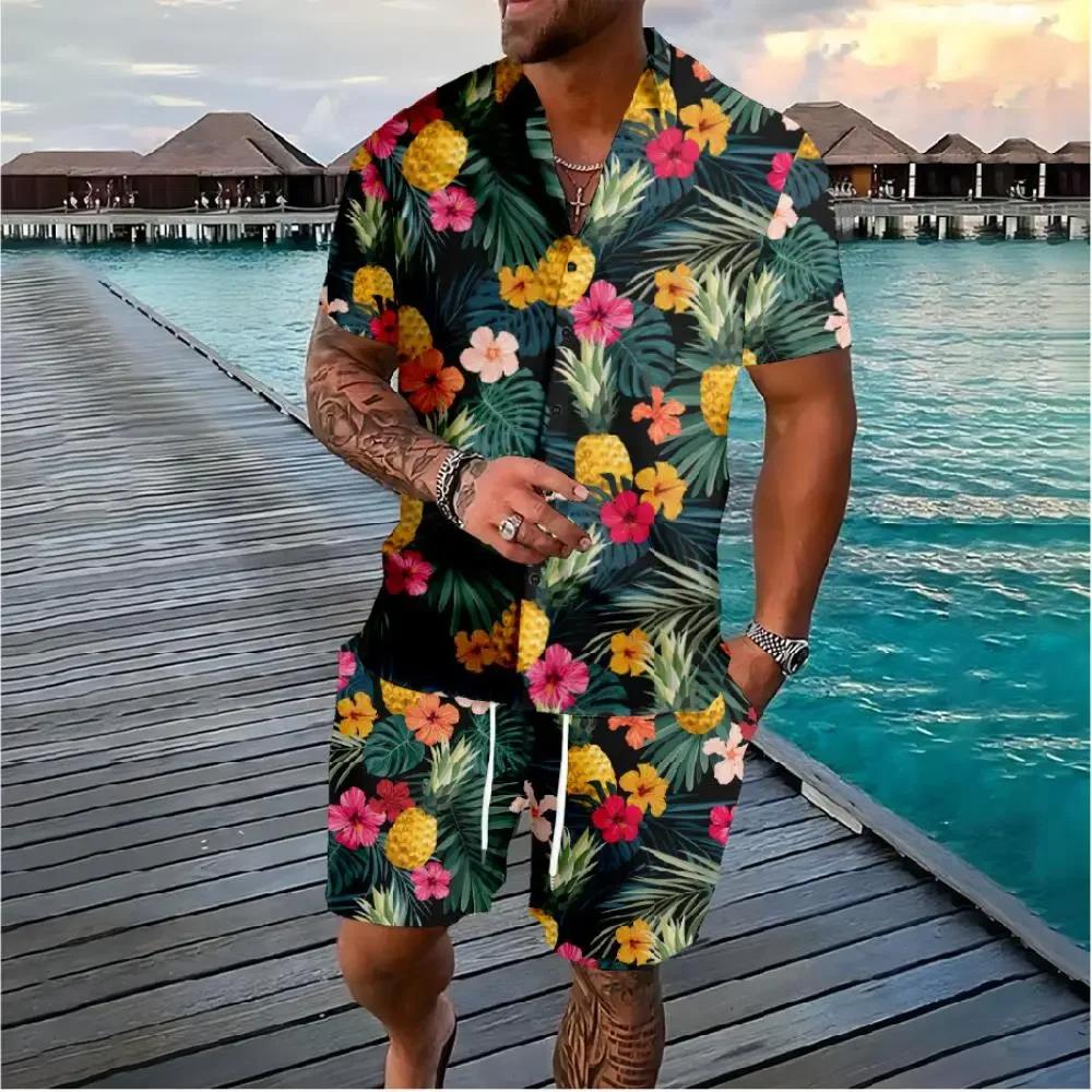 Casual and Fashionable Summer Flower 3D Printed Men's Shirt Set Short Sleeved Shirt Casual Beach Shorts Street Wear Hawaiian Suit