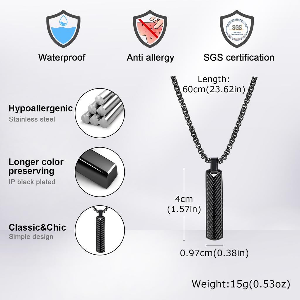 Vnox Stainless Steel Vertical Bar Pendant Necklaces for Men Boys, Black Silver Color Metal Collar, Simple Casual Jewelry Gift