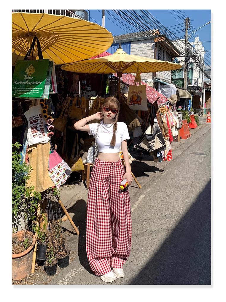 Women's Retro Red Plaid High-Waisted Wide-Leg Pants - 2025 Spring Collection