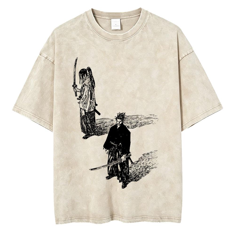 Gewaschenes Vintage Anime Vagabond Miyamoto Musashi Kirschblüten Grafik T-Shirt Herren Damen Lässiges Oversized T-Shirt 90er Jahre Streetwear