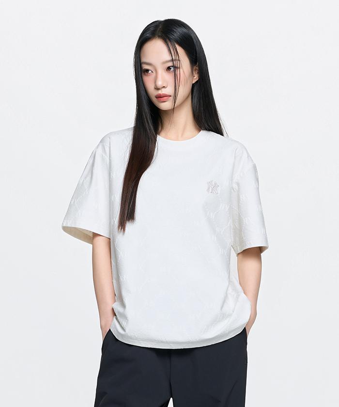 Emelbi Diamond Monogram Tone-Tone Jacquard Oversized Short Sleeve T-Shirt Ny (Ivory)