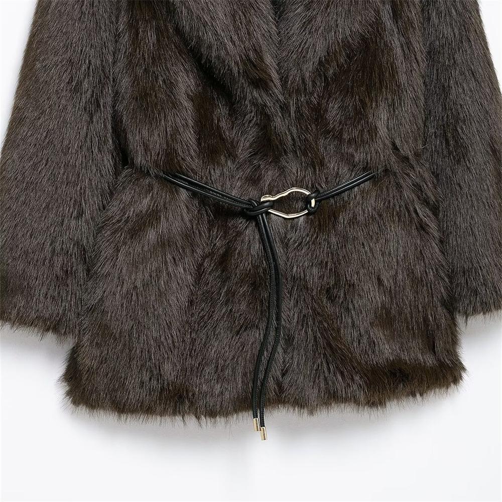 Women's Belt Decoration Collar Solid Color Medium Long Coat Autumn/Winter Long Sleeve Loose Coat