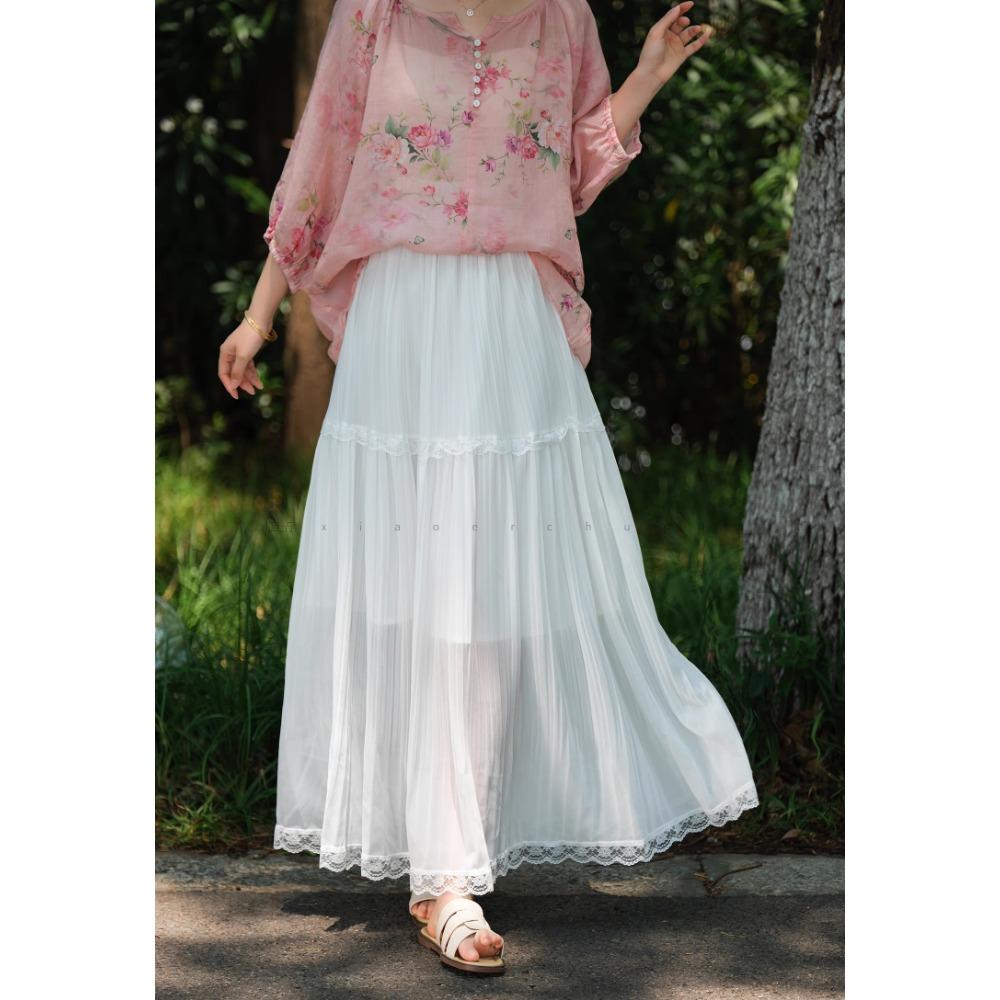 Dimanaf 2025 Summer Women New Skirts Chiffon Solid Lace Pleated Elastic Waist Mesh Elegant Skirts