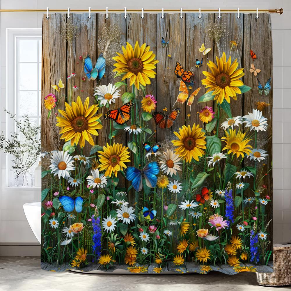 Flowers And Butterflies On Retro Wooden Boards Shower Curtain, Bathroom Shower Curtain, Waterproof Shower Curtain With Hooks