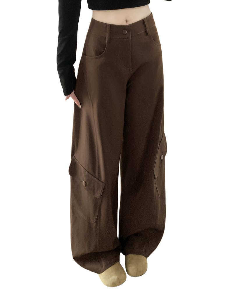 MTUIOY Cargo Casual and Perfect for Spring and Solid Loose Plus Sizes Brown L Women's Wide-Leg Pants, Stylish, Autumn, Color, Fit, - -