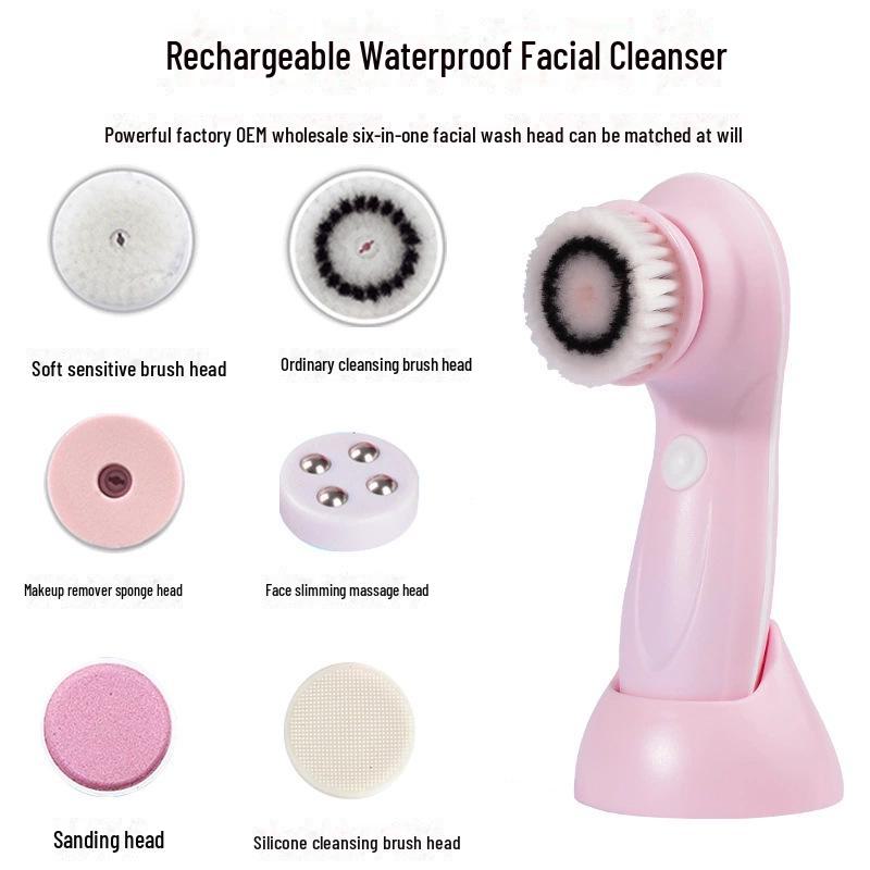 

Электрическая щетка для очищения лица с зарядкой от USB six in one, 801 Face Cleansing Brush-English розовый