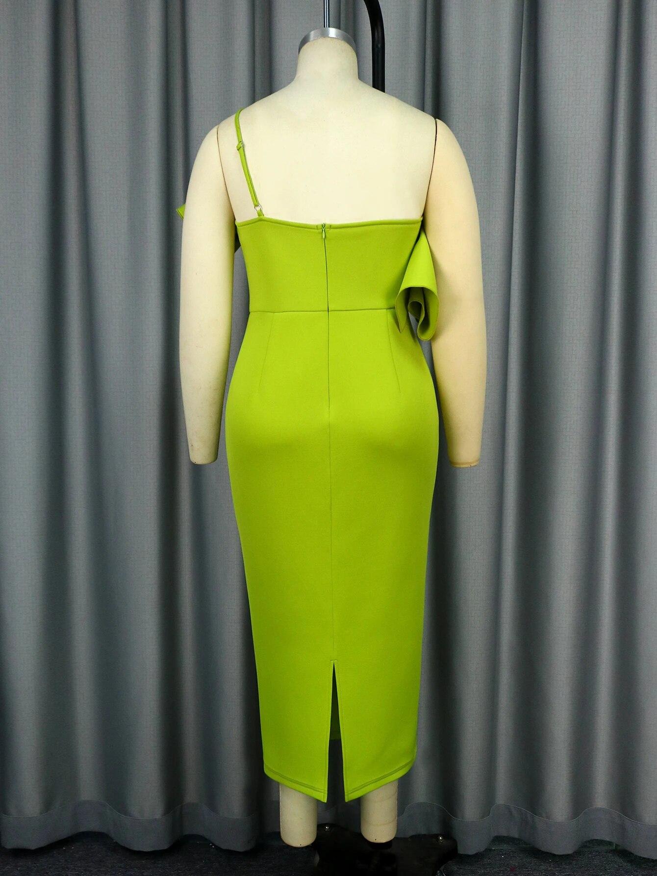 AOMEI зеленые облегающие платья для женщин на одно плечо без рукавов с оборками миди — фото 4