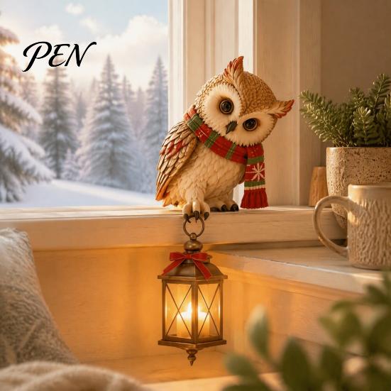 Office Desk Ornament Christmas Owl Figurine with LED Lantern, Resin Decorative Animal Sculpture, Unique Tabletop Craft Holiday for Living Room Bedroom