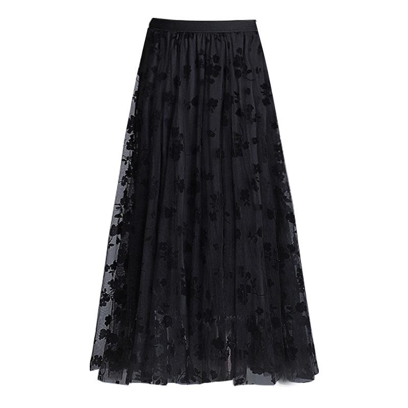 Women's High-Waisted Double-Sided Flocked Mesh Pleated A-Line Midi Skirt - New Slimming Spring Style