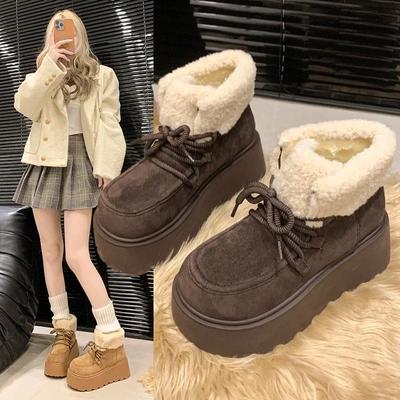 Winter Newest Lace Up Fluffy Snow Boots Round Toe Genuine Leather Flat Women Warm Ankle Boots Thick Sole Fashion Wool Snow