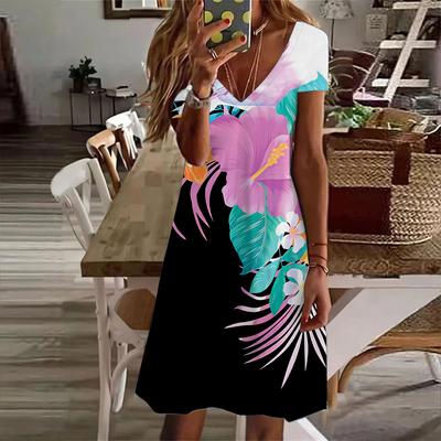 Summer Fashion Women's V Neck Short Sleeve Flower Printed  Dress Sex Short Skirt Dresses