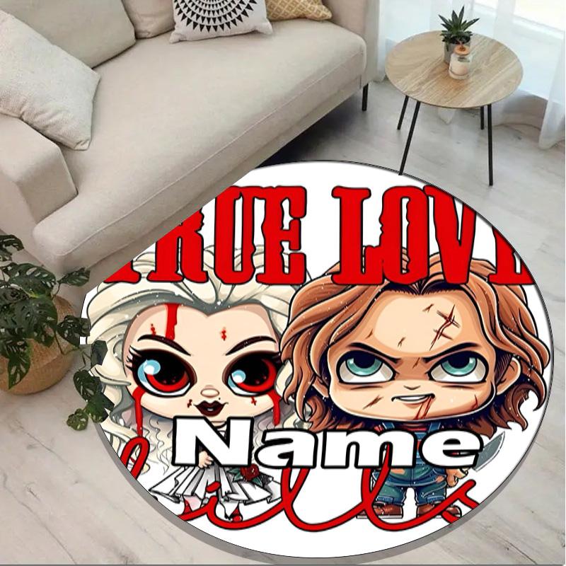 Custom Name Personalized Bride of Chucky Print Round Rug, Versatile Home Decor Carpet, for Playroom, Apartment, Balcony, Entryway, Hallway Gift
