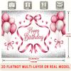 2D Pink Balloon Happy Birthday Backdrop with Hearts and Ribbons Party Banner