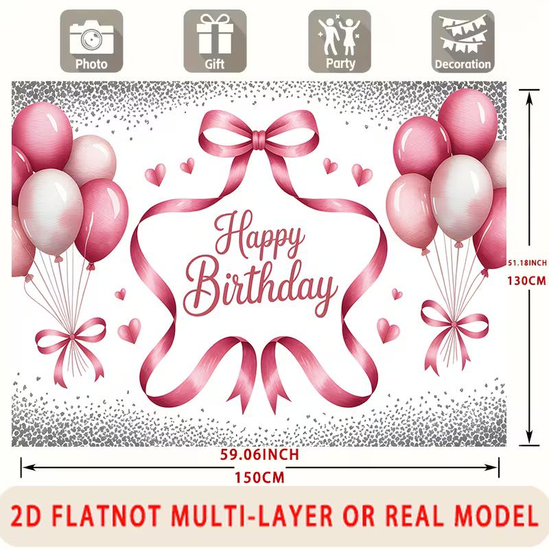 2D Pink Balloon Happy Birthday Backdrop with Hearts and Ribbons Party Banner