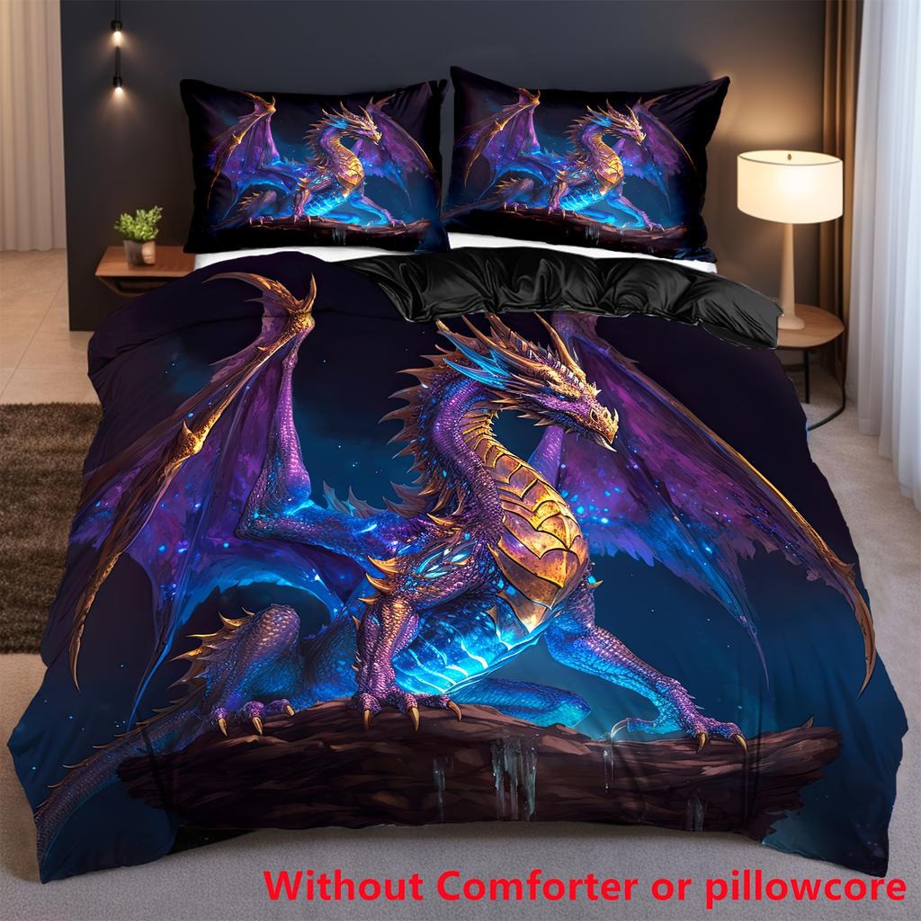 2/3-delige 3D Cool Dragon Print Dekbedovertrek Set (1 Dekbedovertrek + 1/2 Kussensloop Zonder Vulling) Zachte Comfortabele Beddengoedset