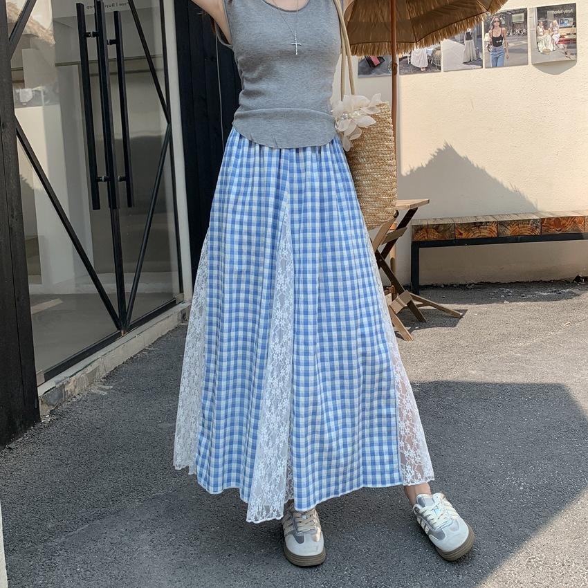Plaid Lace Skirt for Women In Summer Korean Style Slim Design A-line Long Skirt