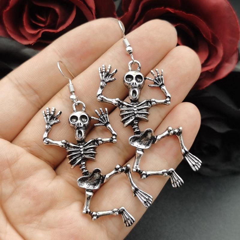 Vintage Goth Skull Dangle Earrings for Women Vintage Silver Color Funny Skeleton Drop Earing Retro Gothic Halloween Jewelry