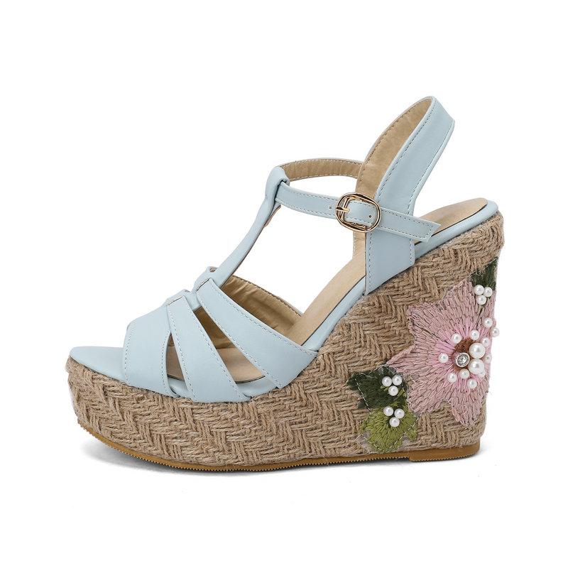 

Beach Dress Sandals Women Summer Wedges Shoes Appliques T Strap Gladiator Pumps Bohemia Casual Plus Size 46 47 48 High Heels 3 синий