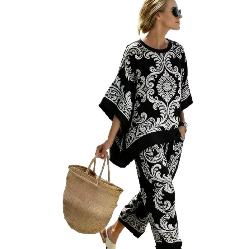 One wholesale, European and American style suit, summer loose round neck bat sleeve top, casual wide-leg pants two-piece set