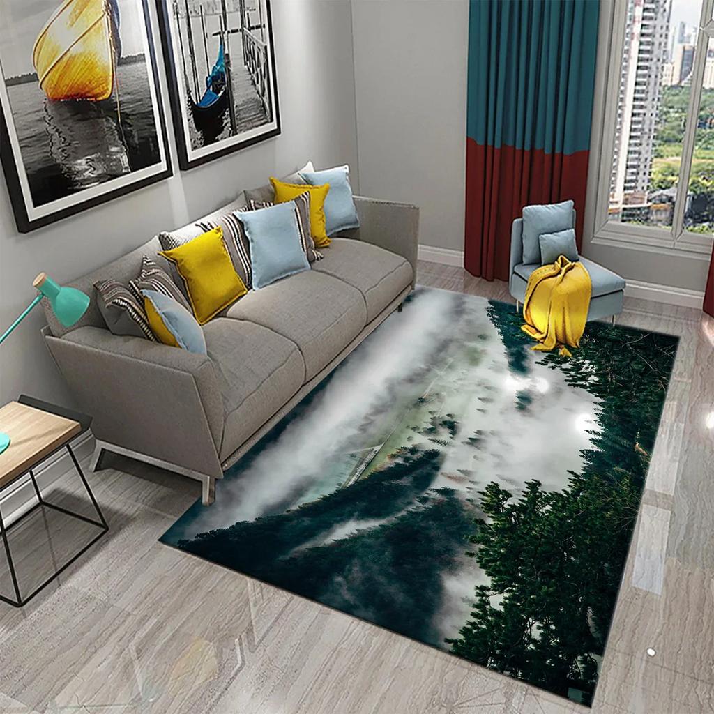Smoky Forest Carpet Green Trees Mountain Rug Natural Scenery Rectangle Area Rugs Yoga Mats Bedroom Living Room Decor Door Mat