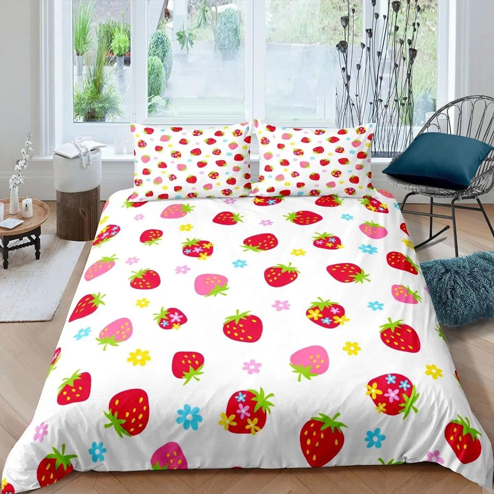 

Постельное белье с клубникой для девочек, пододеяльник с сладкой клубникой для детей, розовый, милый мультфильм, фруктовая еда, девичий белый цветочный декор для комнаты 70x133cm 2pcs