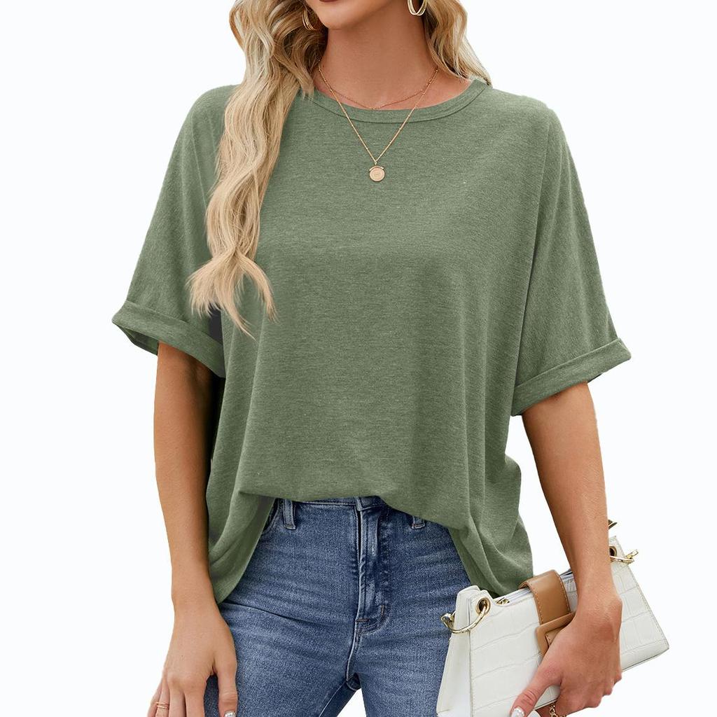 2024 European and American Plus Size Solid Color Loose Short Sleeve Round Neck Women's T-Shirt