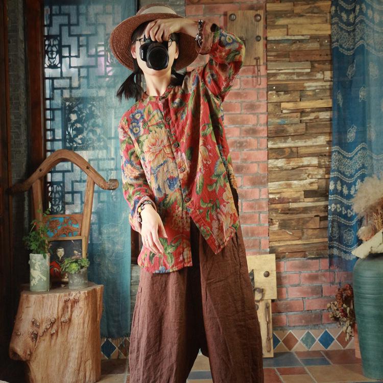 Retro Floral Double Layer Cotton Gauze Loose Fit Shirt - 1962 Yan Qing