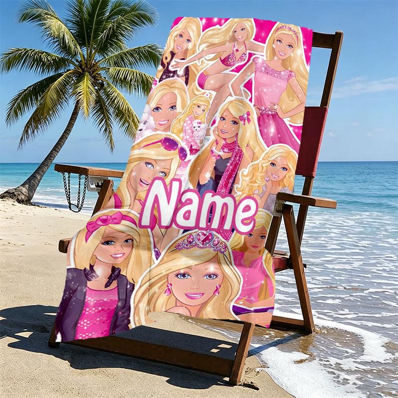 Custom Name Personalized Barbie Print Beach Towel, for Trip Camping Beach Party Home Decor, Birthday Gift for Family & Friends