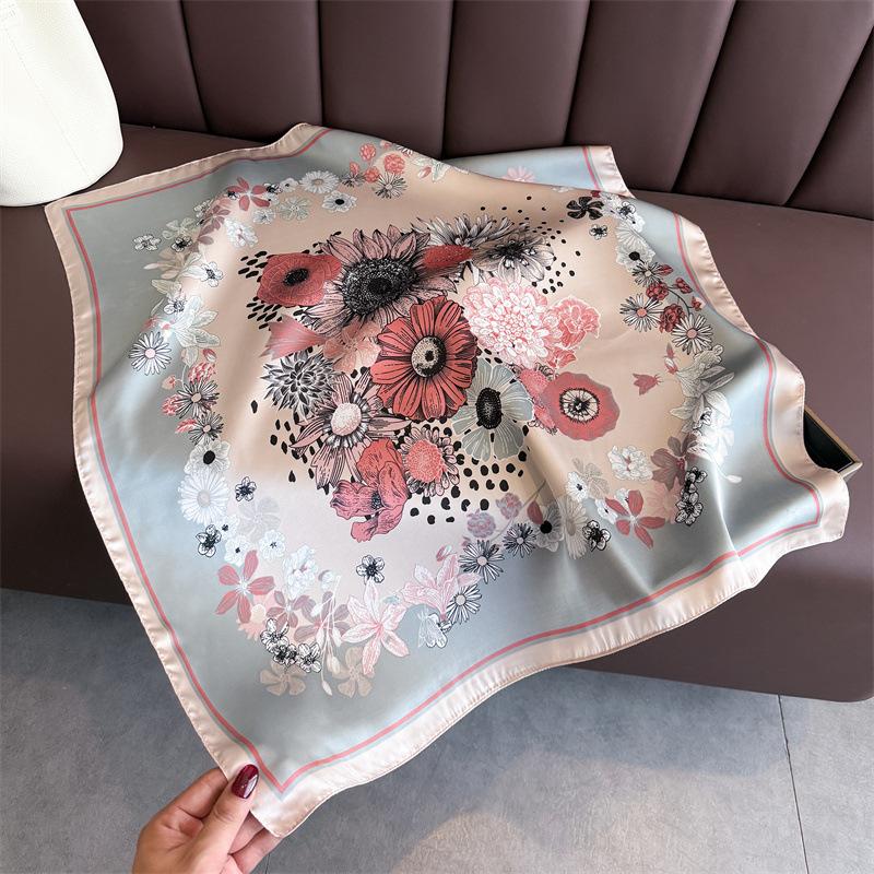 Spring and Summer Sweet Flower Cluster Printed Silk Scarf Square Scarf High-end Shawl Sunscreen Neck Small Square Scarf Headscarf Women's Scarf