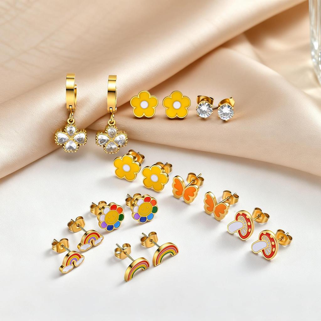 Vnox 3pairs/Set Sweet Dripping Oil Enamel Flower Mushroom Butterfly Charms Stud Earrings for Girls, Cute Enamel Earrings Jewelry