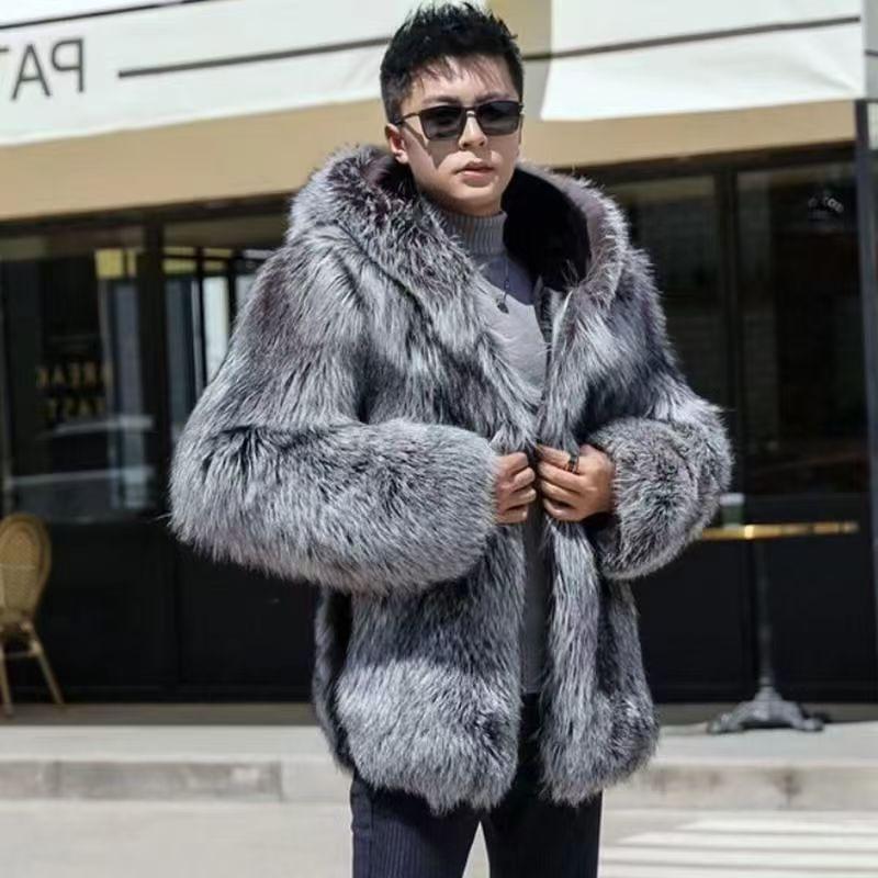 

Новая мужская куртка с капюшоном, модное пальто из меха чернобурки, легкая роскошь, утолщенный теплый темпераментный меховой свитер L