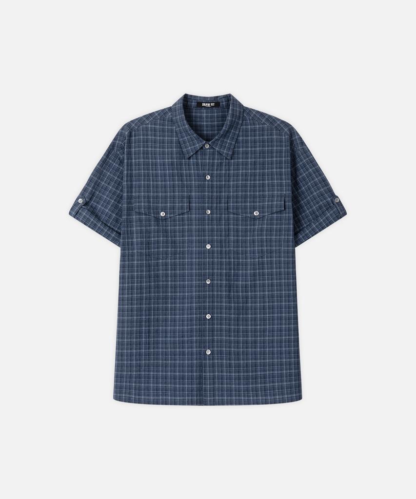 DRAW FIT Seersucker Check Roll-Up Half Shirt [Navy]