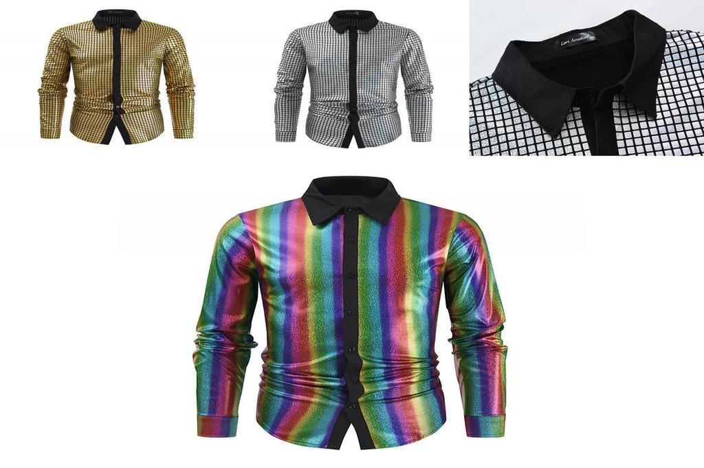 Geometric Silver Mens Dress Shirt With Glitter Buttons For Costume Events
