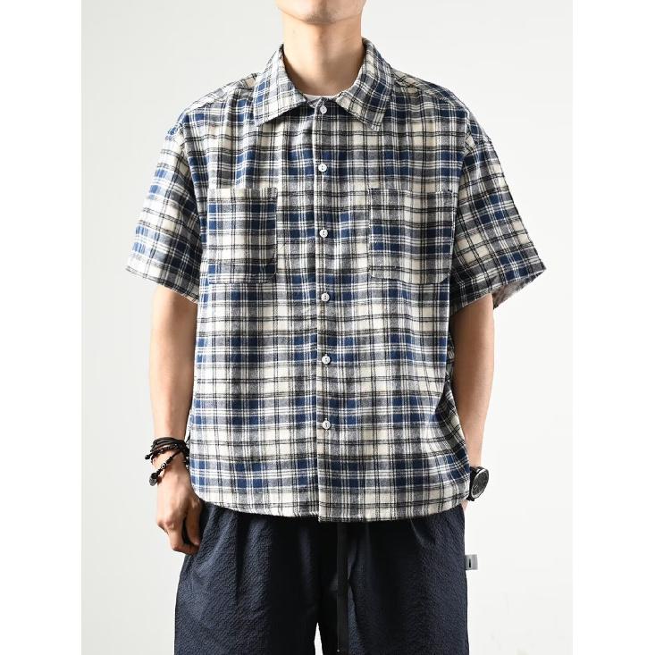 Checkered Shirt Men'S Summer Japanese Retro Loose Casual Five Quarter Sleeved Shirt American High Street Trendy Brand Jacket