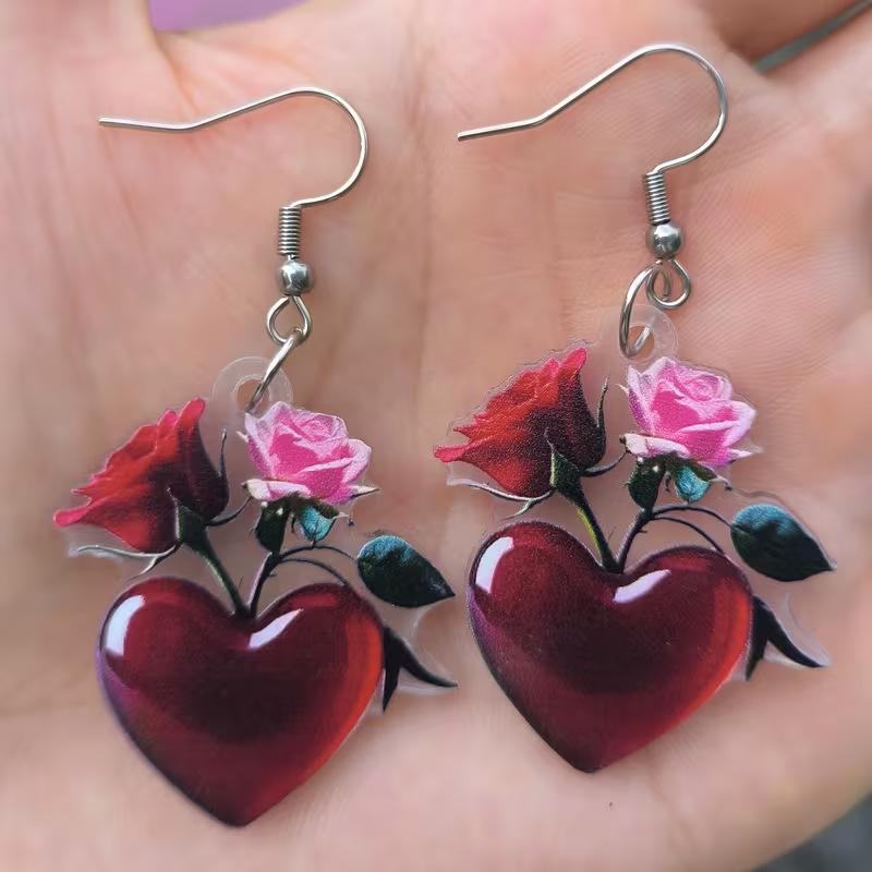 Blood Red Heart Rose Acrylic Earrings - Valentine s Day Single Acrylic Earring (No Hook)