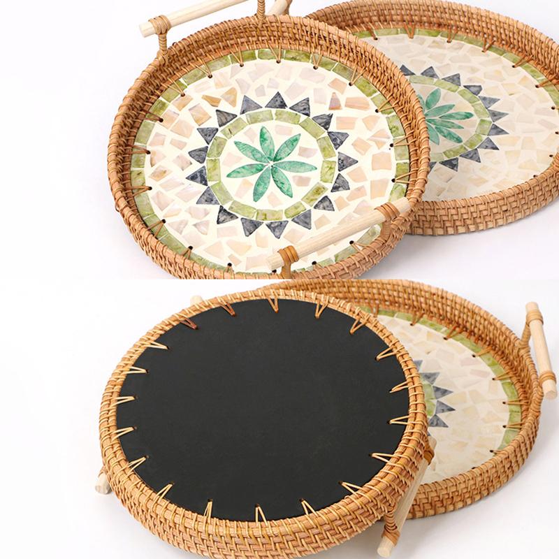 Vintage Handmade Rattan Woven Tray Boho Style Natural Colorful Shells Weaving Basket with Wood Handle Home Decor Serving Trays