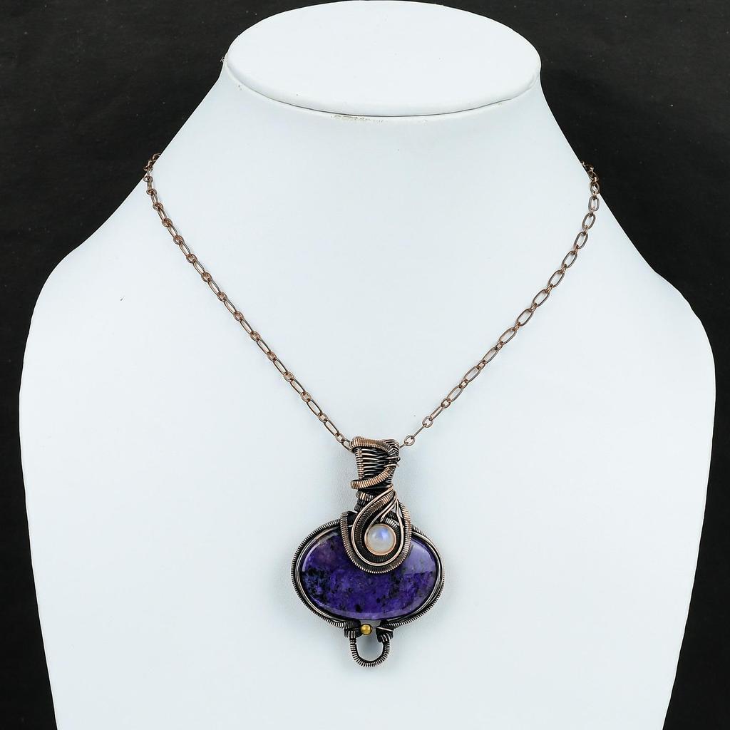 Pandantiv Charoit Pandantiv Înfășurat în Sârmă de Cupru Bijuterii cu Pietre Prețioase Pandantiv Făcut Manual Pandantiv Piatră Lunii Curcubeu Bijuterii din Cupru Antic Cadou Pentru Ea